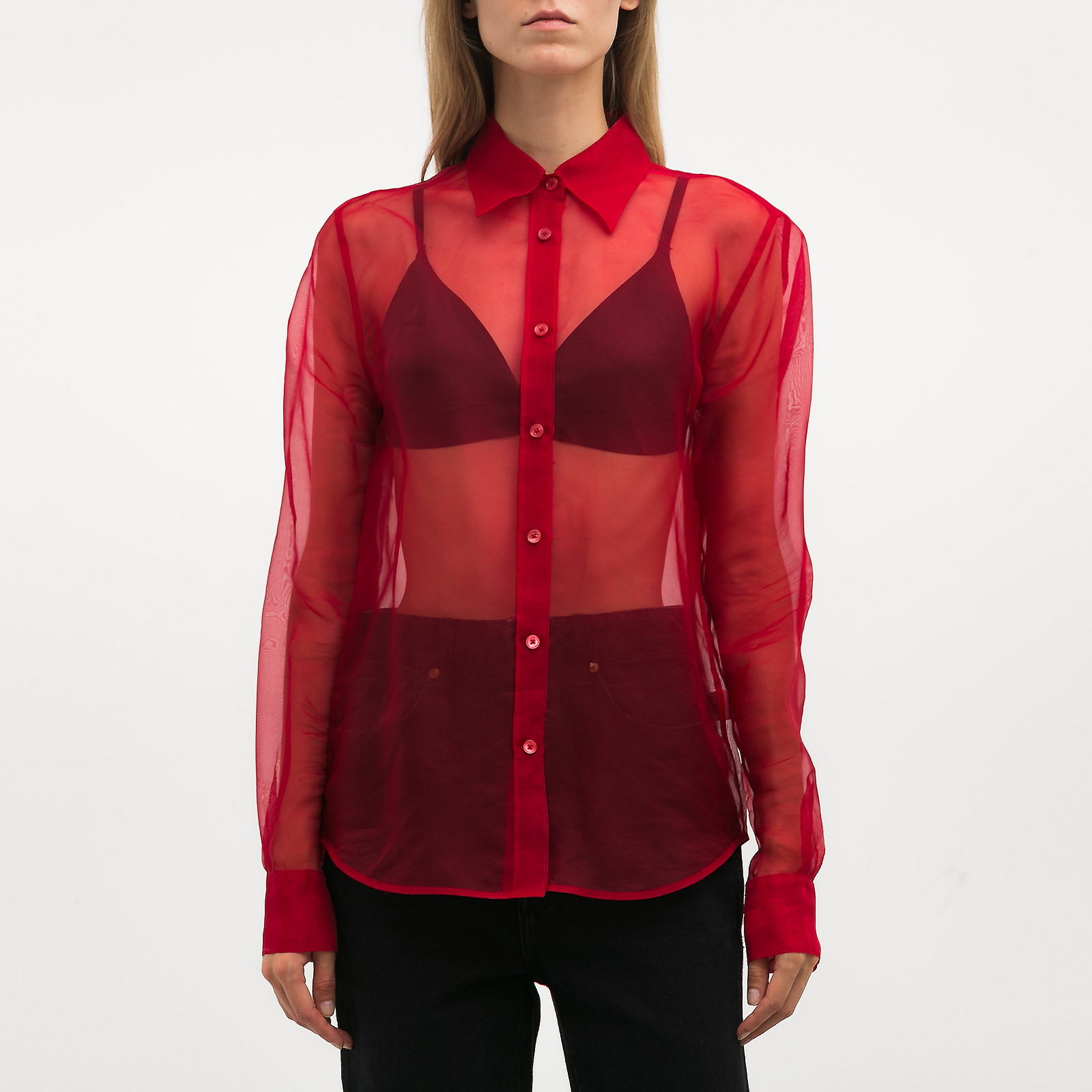 Рубашка красного цвета Helmut Lang - фото из каталога магазина брендовой одежды Second Friend Store Рубашка Helmut Lang - купить оригинал в секонд-хенде SFS - 1